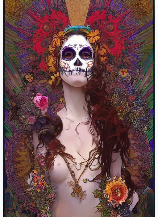 Prompt: realistic detailed psychedelic poster art of a cute punk goth fractal Día de los Muertos girl posing by Victor Moscoso Rick Griffin Alphonse Mucha Ayami Kojima Amano Charlie Bowater, masterpiece