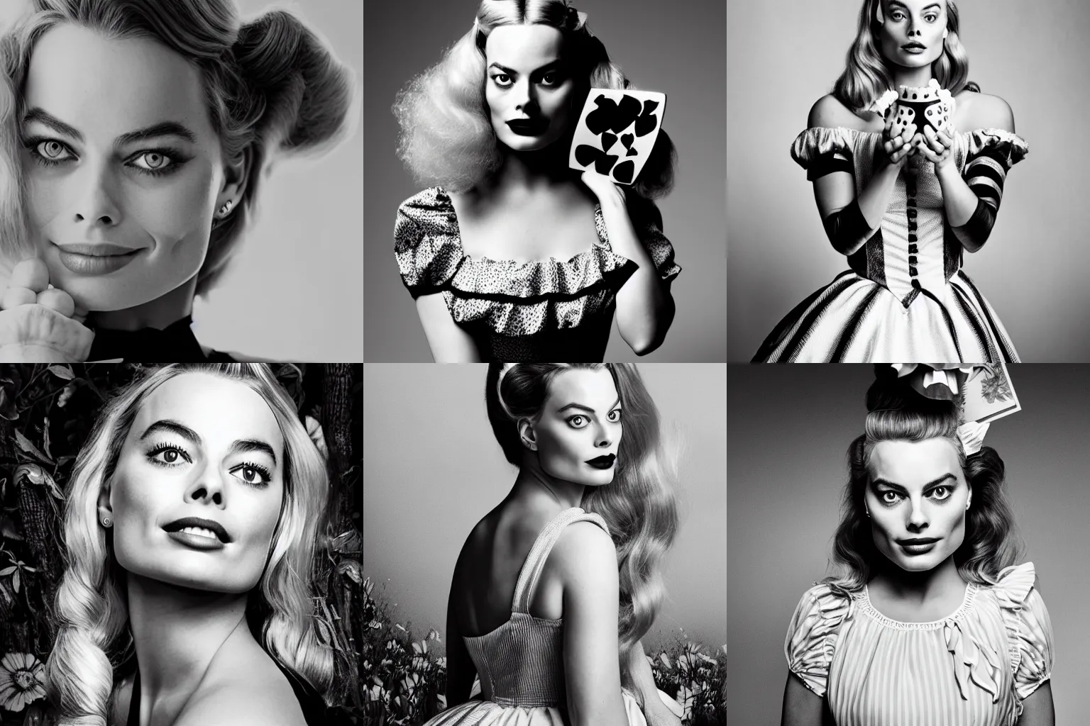 Prompt: B&W portrait of Margot Robbie as Alice in Wonderland
