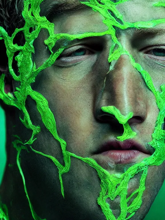 Image similar to portrait of a mark zuckerberg, skin peeling away to reveal bright green reptile!!! skin, art by ryo shiotani and greg rutkowski, intricate, beautiful, cinematic lighting, vintage art by serge ivanoff, high resolution, very detailed