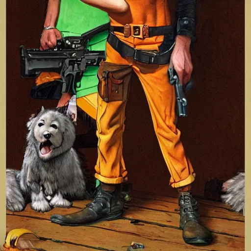Image similar to Scooby Doo holding a gun, by norman rockwell, no text, trending on artstation, highly detailed, 8k, beautiful, dynamic lighting, realistic fur