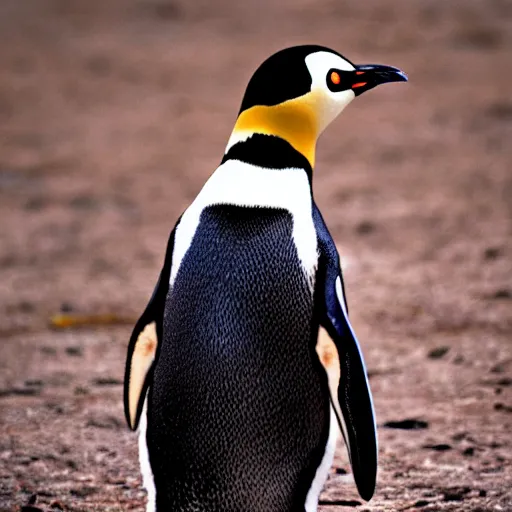 Prompt: penguin staring off into the sunset