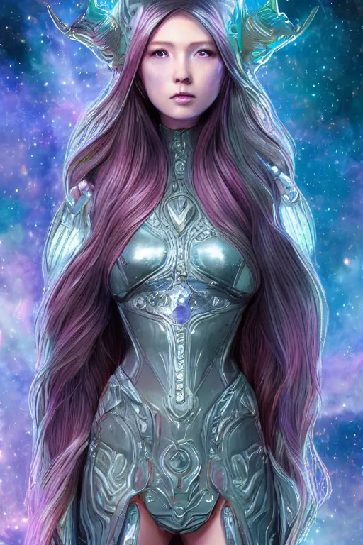 Prompt: Portrait of space Viking , D&D, sci fi fantasy, intricate, richly detailed colored 3D illustration of a beautiful ornated cute body with long metallic hair. background with completely rendered reflections, art by Range Murata and Artgerm highly detailed, digital painting, trending on artstation, sharp focus, illustration, style of Stanley Artgerm,