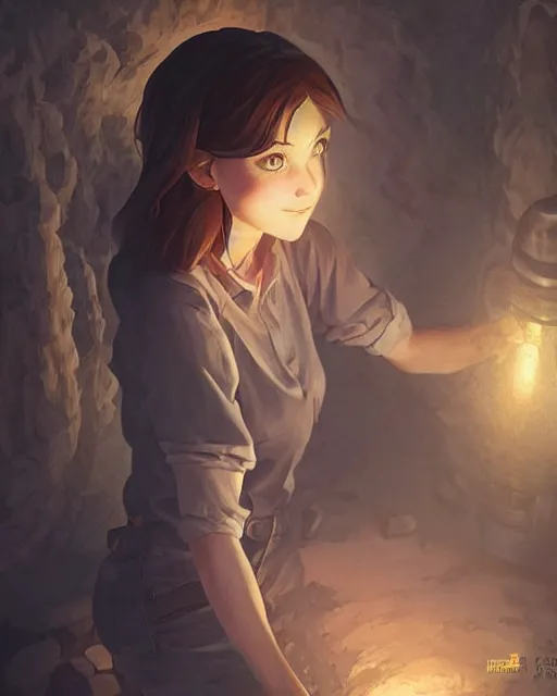 Image similar to a beautiful coalminer woman in a mine lit by a lamp, ambient cave lighting, detailed face, by makoto shinkai, stanley artgerm lau, wlop, rossdraws