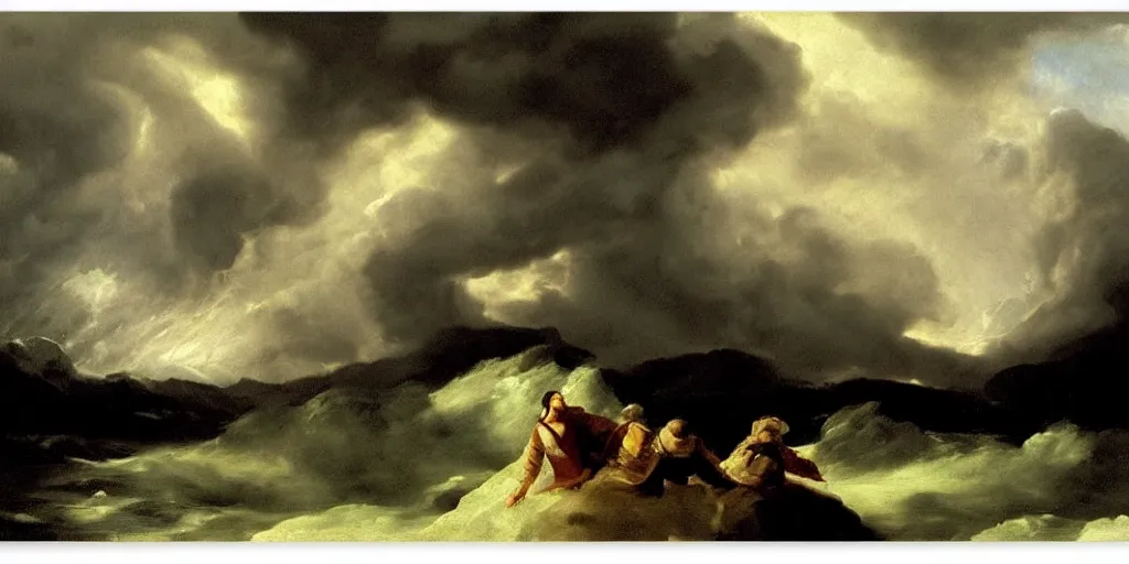 Prompt: a princess, big monster on the horizon, goya the colossus, snowy fjord, storm clouds, dramatic lighting, hudson river school, afternoon