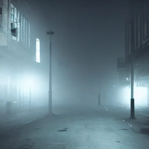 Image similar to ghost on a foggy night streer with neon streetlights like Silent Hill screenshot