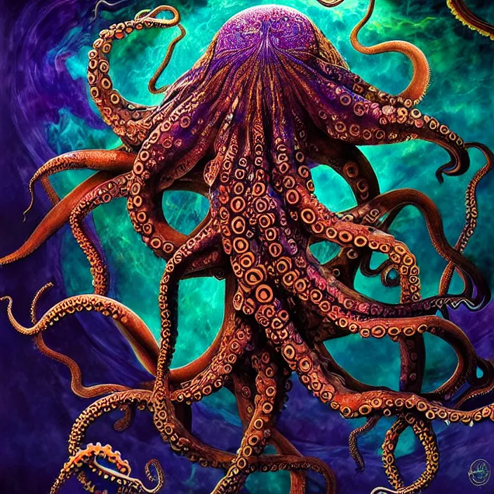 Image similar to depicting an octopus, in the style of h. p. lovecraft, exuberant organic elegant forms, by karol bak and filip hodas : : 1. 4 purple, red, blue, green, black intricate mandala explosions : : intuit art : : turbulent water backdrop : : damask wallpaper : : atmospheric