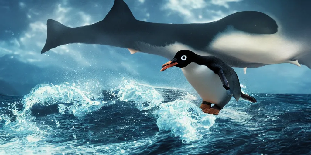 Prompt: the coolest penguin in the world, surfing on a shark, smoking a gigantic joint, realistic 4 k octane beautifully detailed render, 4 k post - processing, highly detailed, intricate complexity, epic composition, magical atmosphere, cinematic lighting, masterpiece, ultra hd