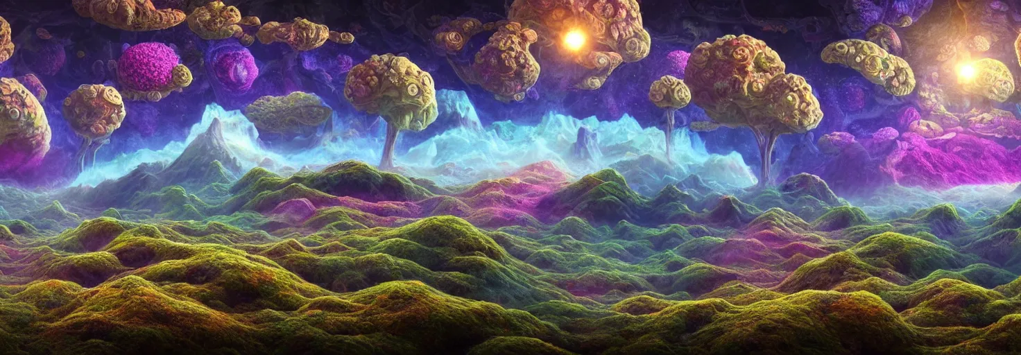 Prompt: a view of a surreal alien variated planetary fractal landscapes with gigantic and small fungus and flora of varying vibrant colors and sizes scattered across the vast landscapes, surreal clouds, floating islands, 4 k, retro, detailed, beautiful view, vibrant, weird skies, extradimensional, trending on artstation