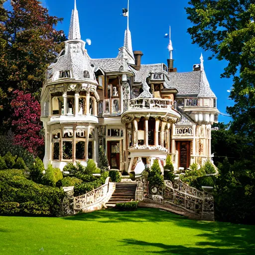 Image similar to This image is of an ornate fantasy house. It has a large, turreted main house with a smaller house attached. Both houses are adorned with intricate carvings and detailed stonework. There is a large garden with fanciful topiary and a stone path leading up to the front door. Photography.