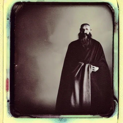 Image similar to trail _ camera _ photo _ of _ a _ breaton monks looking like rasputin with some ghost and spirits _ realistic _ spooky _ grimdark _ night _ black _ and _ white, polaroid