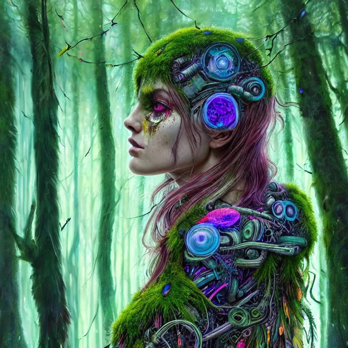 Image similar to bright psychedelic portrait of organic cyborg covered in moss and feathers in an ancient forest, diffuse lighting, fantasy, intricate, elegant, highly detailed, lifelike, photorealistic, digital painting, artstation, illustration, concept art, smooth, sharp focus, art by John Collier and Albert Aublet and Krenz Cushart and Artem Demura and Alphonse Mucha