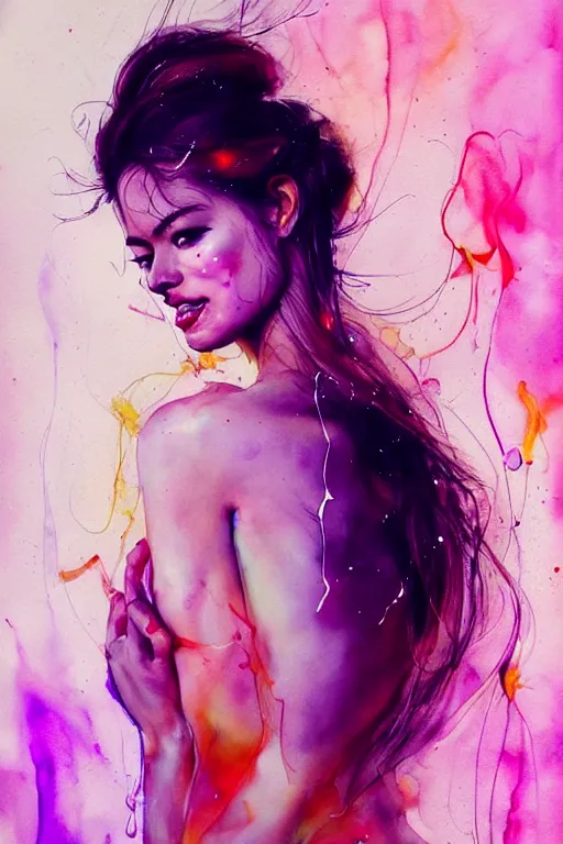 Prompt: sexy seductive little smile sophia vergara by agnes cecile enki bilal moebius, intricated details, sitting face camera with legs spread out, hair styled in a bun, bend over posture, full body portrait, extremely luminous bright design, pastel colours, drips, autumn lights