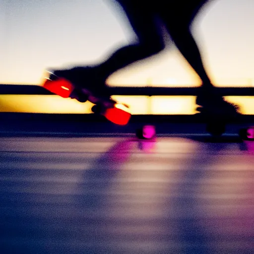 Image similar to a roller skater in a cinematic closeup. in santa monica at blue hour. canon eos c 3 0 0, ƒ 1. 8, 3 5 mm. 8 k. medium - format print. inspired by roger deakins cinematography