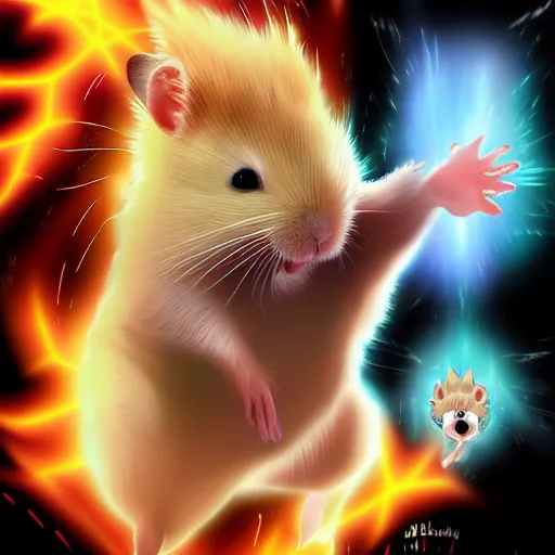 Prompt: a hamster going super saiyan, digital art, 8k