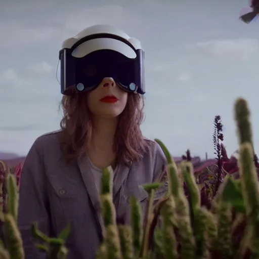 Prompt: movie still of a girl with a cyborg plants flowers helmet, cinematic composition, cinematic light, by edgar wright and david lynch