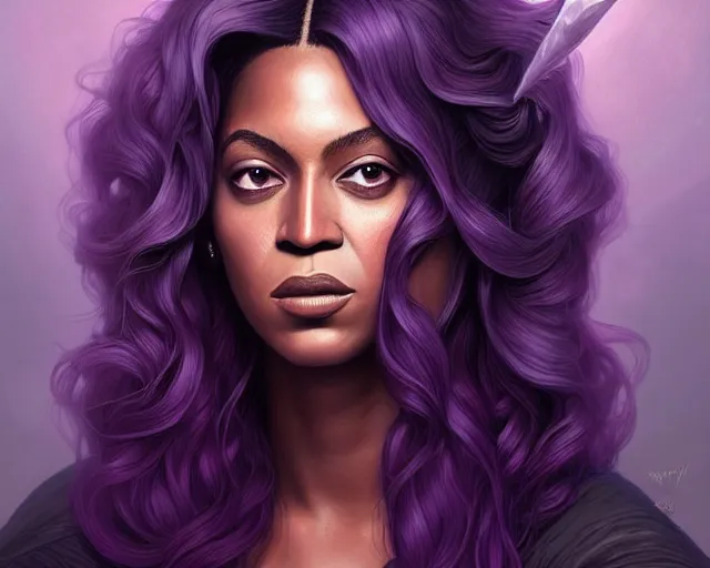 Prompt: a mind - blowing portrait of beyonce as a wizard, purple hair, bat familiar, deep focus, d & d, fantasy, intricate, elegant, highly detailed, digital painting, artstation, concept art, matte, sharp, illustration, hearthstone, art by artgerm and greg rutkowski and alphonse mucha
