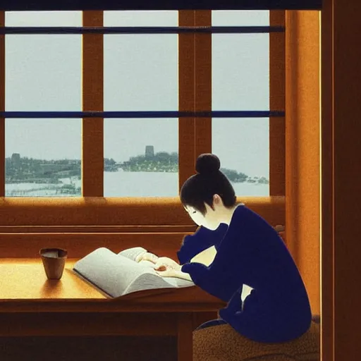 Image similar to An expressive painting by Hasui Kawase of a Japanese girl sat writing in a journal while wearing headphones illuminated by a desk lamp, in the background is a window overlooking a rainy night-time city, with a cat resting on the window cill, a relaxed and dreamy atmosphere, highly atmospheric with dynamic lighting, highly detailed, 8K