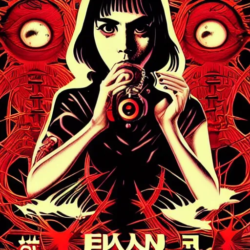 Image similar to a comic book style japanese horror poster of Emma Watson by dan mumford, yusuke murata and junji ito, blood lines, yokai, shinigami, eyes, shurikens, kanji, synthwave, 8k, unreal engine, trending on artstation, pixiv, intricate details, volumetric lighting