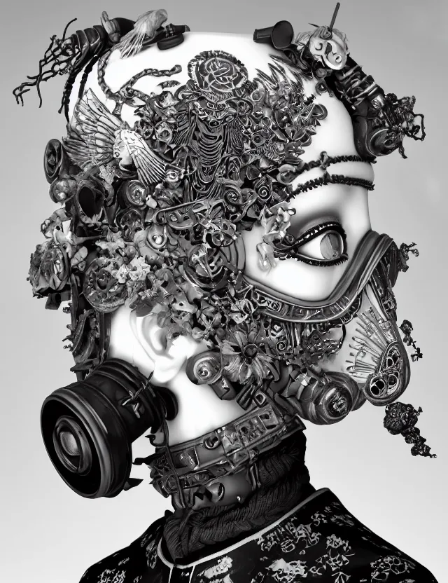 Image similar to 3 d goddess close - up profile punk portrait with vintage gas mask ram skull. beautiful intricately detailed japanese crow kitsune mask and clasical japanese kimono. betta fish, jellyfish phoenix, bio luminescent, plasma, ice, water, wind, creature, artwork by tooth wu and wlop and beeple and greg rutkowski