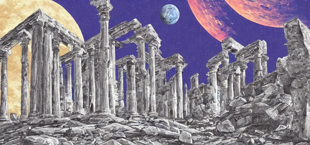 Image similar to The ruins of the Silver Millennium on the moon from Sailor Moon, digital painting, Earth in the distance, Greek-esque columns and ruins