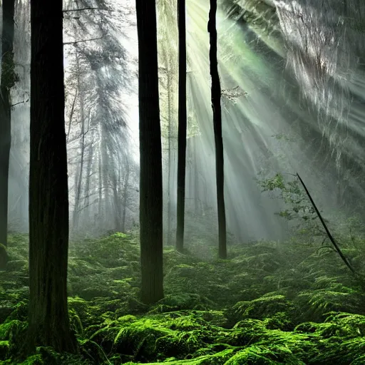 Image similar to eerie forest overgrown with mushrooms with sun rays peeking through the trees