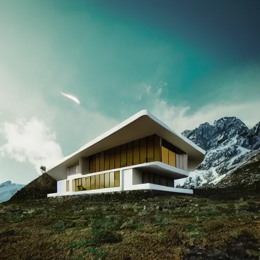 Image similar to wes anderson style modern futuristic house near the lake, snowy mountains and green forest, cinematic, realism, photo, detailed