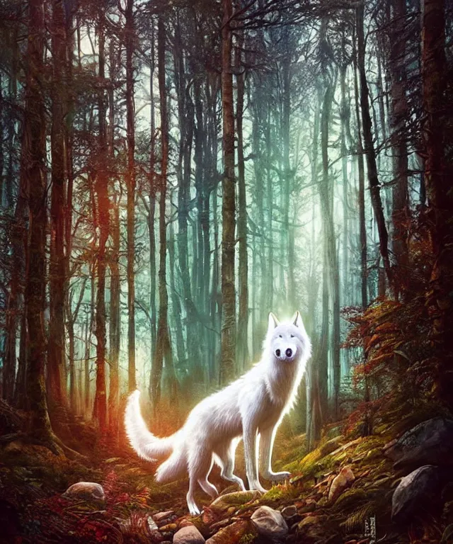 Image similar to a realistic white wolf, walking through a psychedelic forest, wide angle landscape shot, pixar style by tristan eaton, artgerm and tom bagshaw