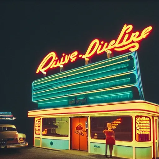 Image similar to kodachrome color photograph of a 1 9 5 0 s drive - in diner at night, taken in 2 0 2 2, neon - lights, googie architecture, americana