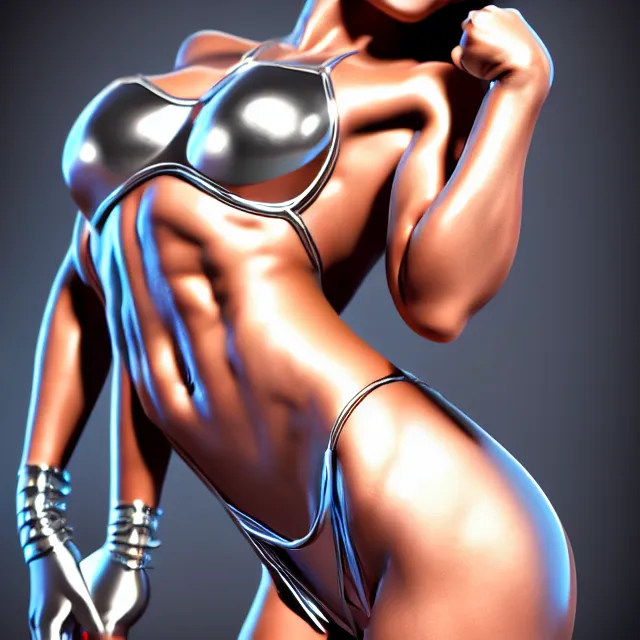 Image similar to muscle girl, chrome, highly detailed, 4 k, hdr, smooth, sharp focus, high resolution, award - winning photo, sakimichan, photorealistic