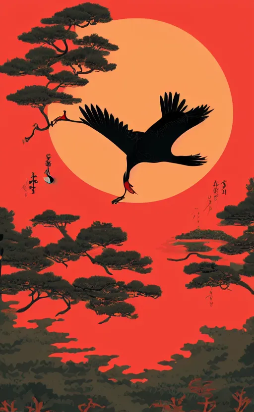 Image similar to hanafuda, a huge japanese crane bird is flying above a lake in the middle of a forest of japanese pines, a big red sun in the background, front game card, vector line art, trending on behance, concept art, stunning, matte