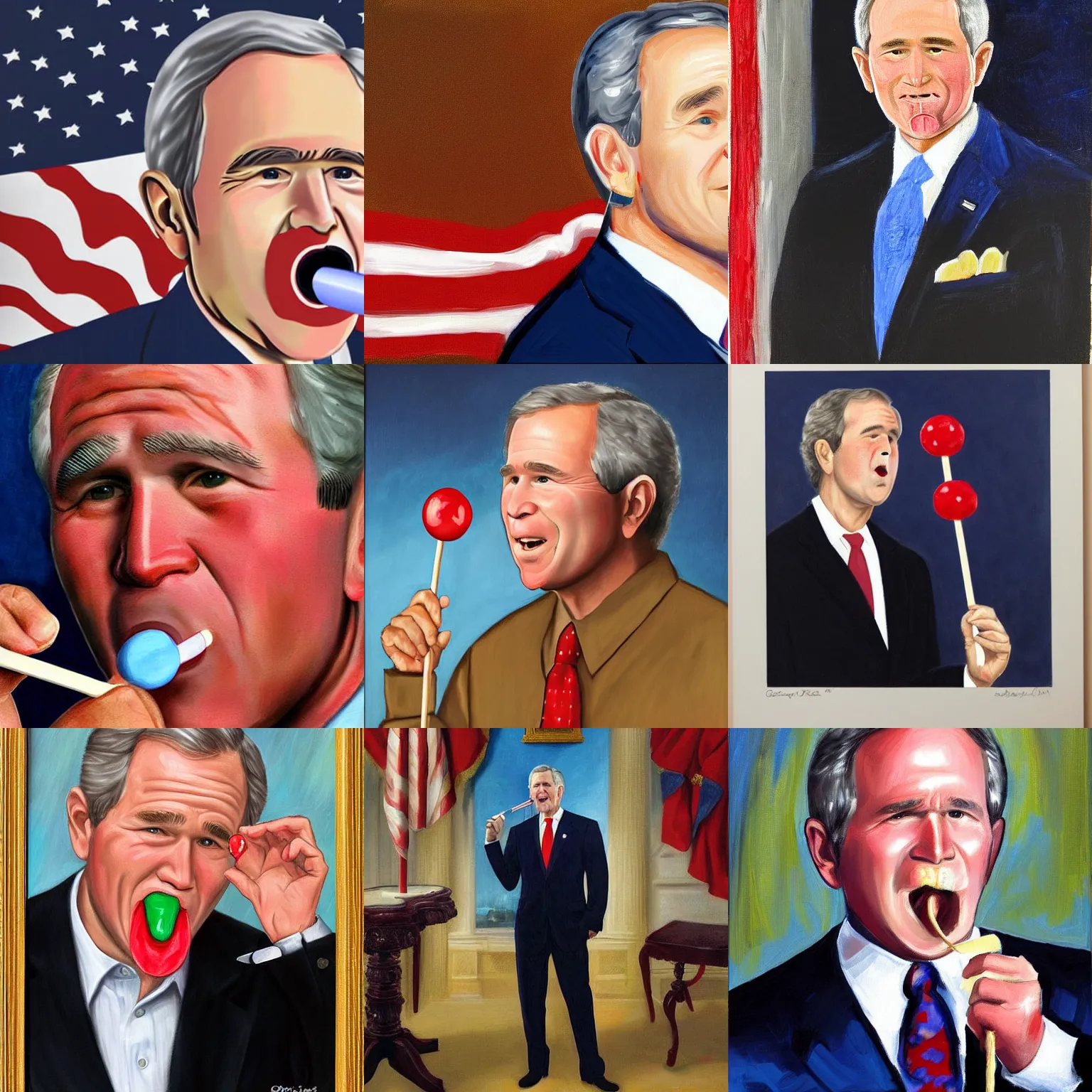 Prompt: George W. Bush licking a lollipop, official presidential portrait painting