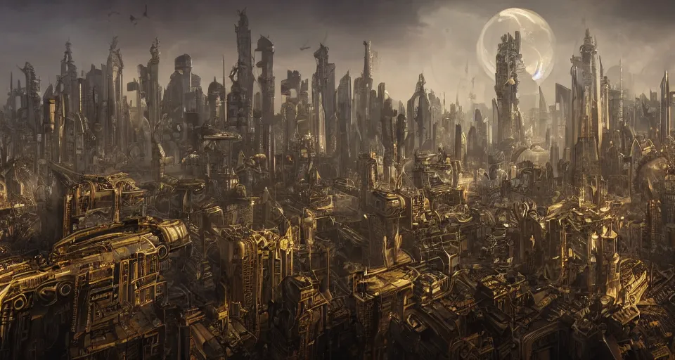 Prompt: view on futuristic city in the horizon, in style of steampunk, detailed, intricate, sharp, 4 k