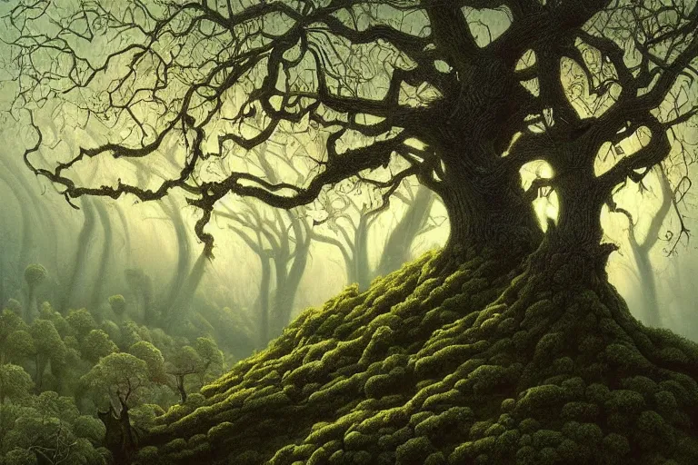 Image similar to masterpiece painting of oak trees on a hillside overlooking a creek, dramatic lighting, by andrew ferez