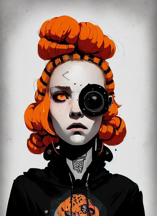 Image similar to highly detailed portrait of a sewer punk lady, tartan hoody, blonde ringlet hair by atey ghailan, by greg rutkowski, by greg tocchini, by james gilleard, by joe fenton, by kaethe butcher, gradient orange, black, blonde cream and white color scheme, grunge aesthetic!!! ( ( graffiti tag wall background ) )