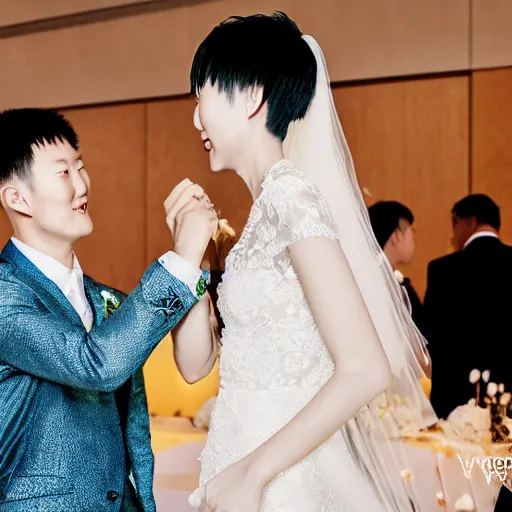 Image similar to cookie monster marrying justin sun, professional wedding photography