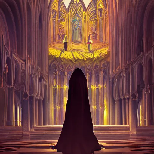 Prompt: a priestess with long black hair, praying for the sun god in a cathedral. Epic fantasy, 4k. realistic. Detailed. Digital painting. Sharp focus, illustration, Beautiful, gorgeous. Cinematic. Dramatic. High contrast. artstation.