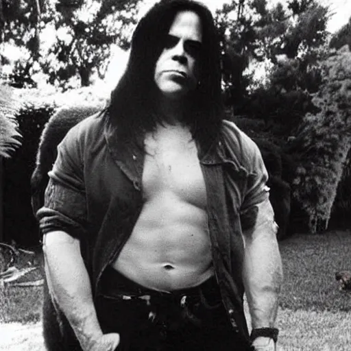 Image similar to glenn danzig stealing puppies from a backyard,