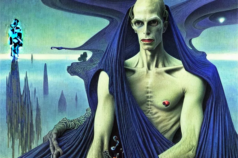 Image similar to realistic extremely detailed portrait painting of an elegantly creepy vampire man in cape, futuristic sci-fi landscape on background by Jean Delville, Amano, Yves Tanguy, Alphonse Mucha, Ernst Haeckel, Edward Robert Hughes, Roger Dean, rich moody colours, blue eyes