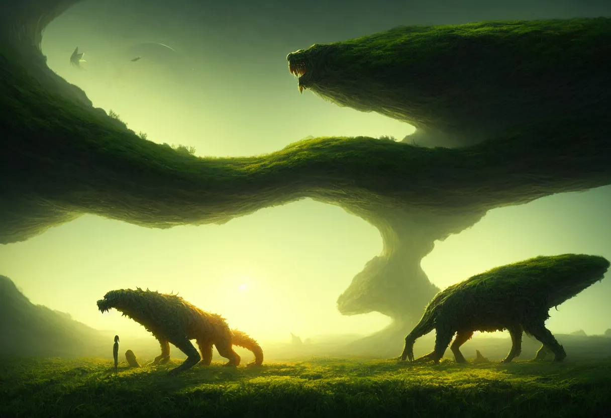 Prompt: strange creature emerging from surface of green summer planet at sunset, ultra high definition, ultra detailed, symmetry, fog, matte painting, by greg rutkowski and ross tran and wlop