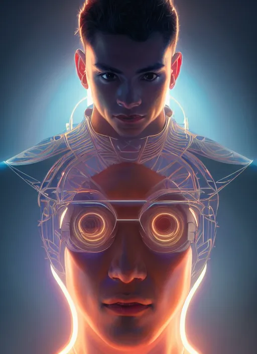 Prompt: symmetry portrait of a handsome young peruvian man, sci - fi, tech wear, glowing lights intricate, elegant, highly detailed, digital painting, artstation, concept art, smooth, sharp focus, illustration, art by artgerm and greg rutkowski and alphonse mucha