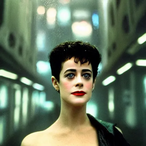 Image similar to close up portrait of a young sean young as rachael tyrell in blade runner at tyrell headquarters photographed by annie leibovitz, artdeco, cyberpunk, colorful!, nighttime!, raining!