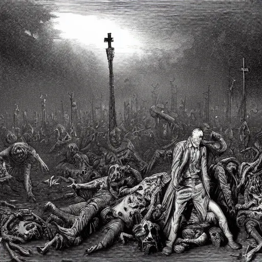 Prompt: zombies among 9 steel barrels in a graveyard, creepy atmosphere, dark, realistic, illustration by gustave dore