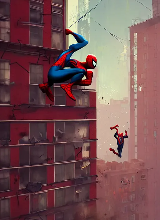 Prompt: spider - man jumping from building, red and green hour, by ismail inceoglu