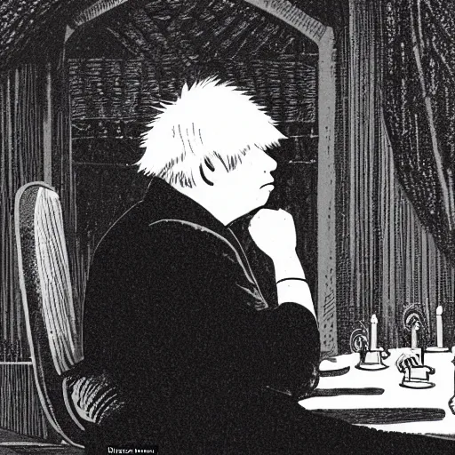 Image similar to Illustration of Boris Johnson, sat in a lounge on his own, wearing a birthday party hat and crying by Roger Dean