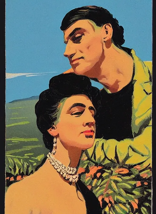 Prompt: an extreme close - up low angle portrait of the young extravagantly dressed queen and her servant at her side in a scenic representation of mother nature and the meaning of life by billy childish, thick visible brush strokes, shadowy landscape painting in the background by beal gifford, vintage postcard illustration, minimalist cover art by mitchell hooks