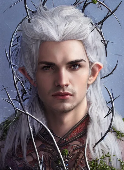 Prompt: portrait of a male elf with silver hair surrounded by thorns, male elf, thorns, d & d, face, fantasy, intricate, elegant, highly detailed, digital painting, artstation, concept art, smooth, sharp focus, illustration, art by artgerm and greg rutkowski and alphonse mucha