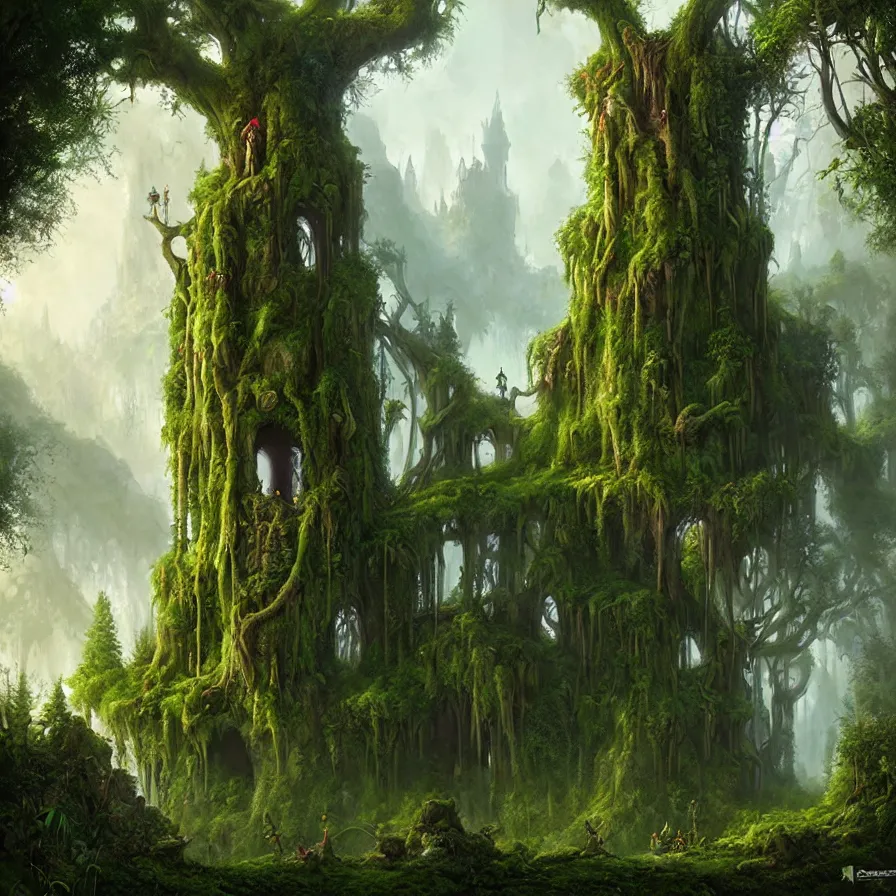 Image similar to fairy palace, castle towers, gnarly trees, lush vegetation, forest landscape, painted by tom bagshaw, raphael lacoste, eddie mendoza, alex ross concept art matte painting