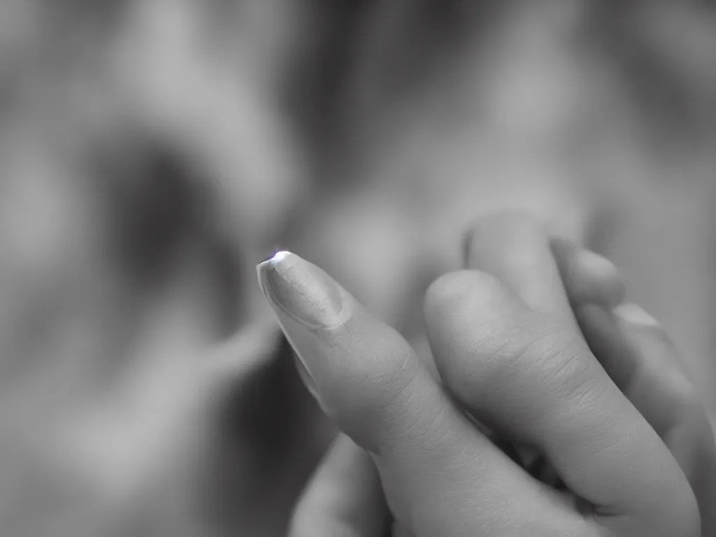 Prompt: Close-up view of hyperrealistic thin soft hand holding cigarette with smoke, photo by Damien Lovegrove, 4K