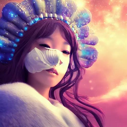 Prompt: galaxy, character, 3 d godess, cloud, volumetric, dreamy, ram skull, bio, jellyfish, 3 ds max + vray, japanese kimono mask, portrait, close up, cinematic, super fine detailed, detailing