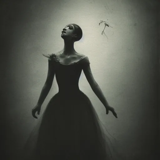 Prompt: dark ballerina, emil melmoth, concept art, deviantart, dark, 3 5 mm, chiaroscuro, surrealist, victorian, mist, dark